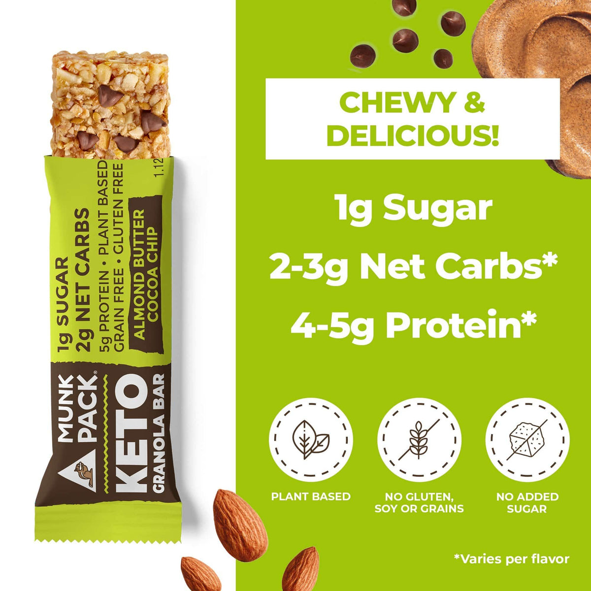 [Munk Pack] Almond Butter Cocoa Chip Keto Granola Bar | 12-Pack |